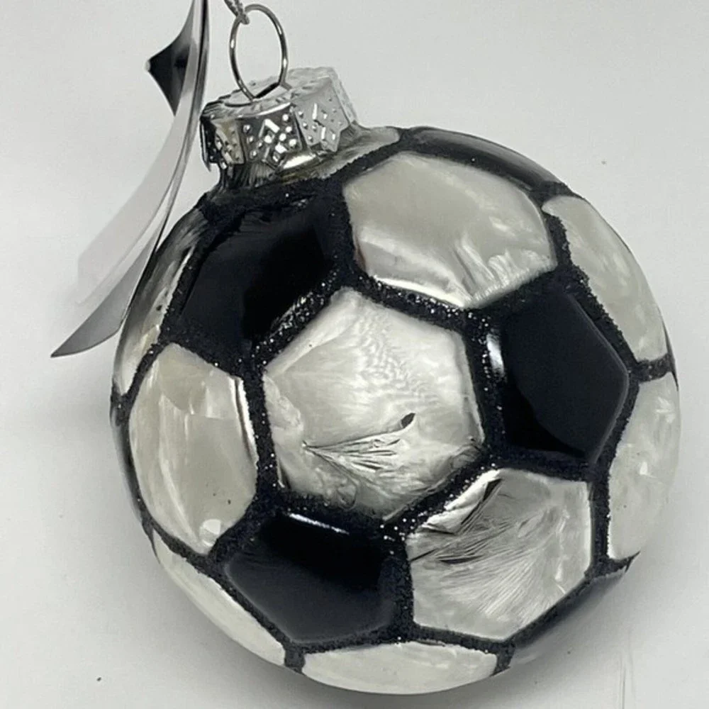 New Glass Christmas Ornament Soccer ball Black White‎ boys girls gift x-mas